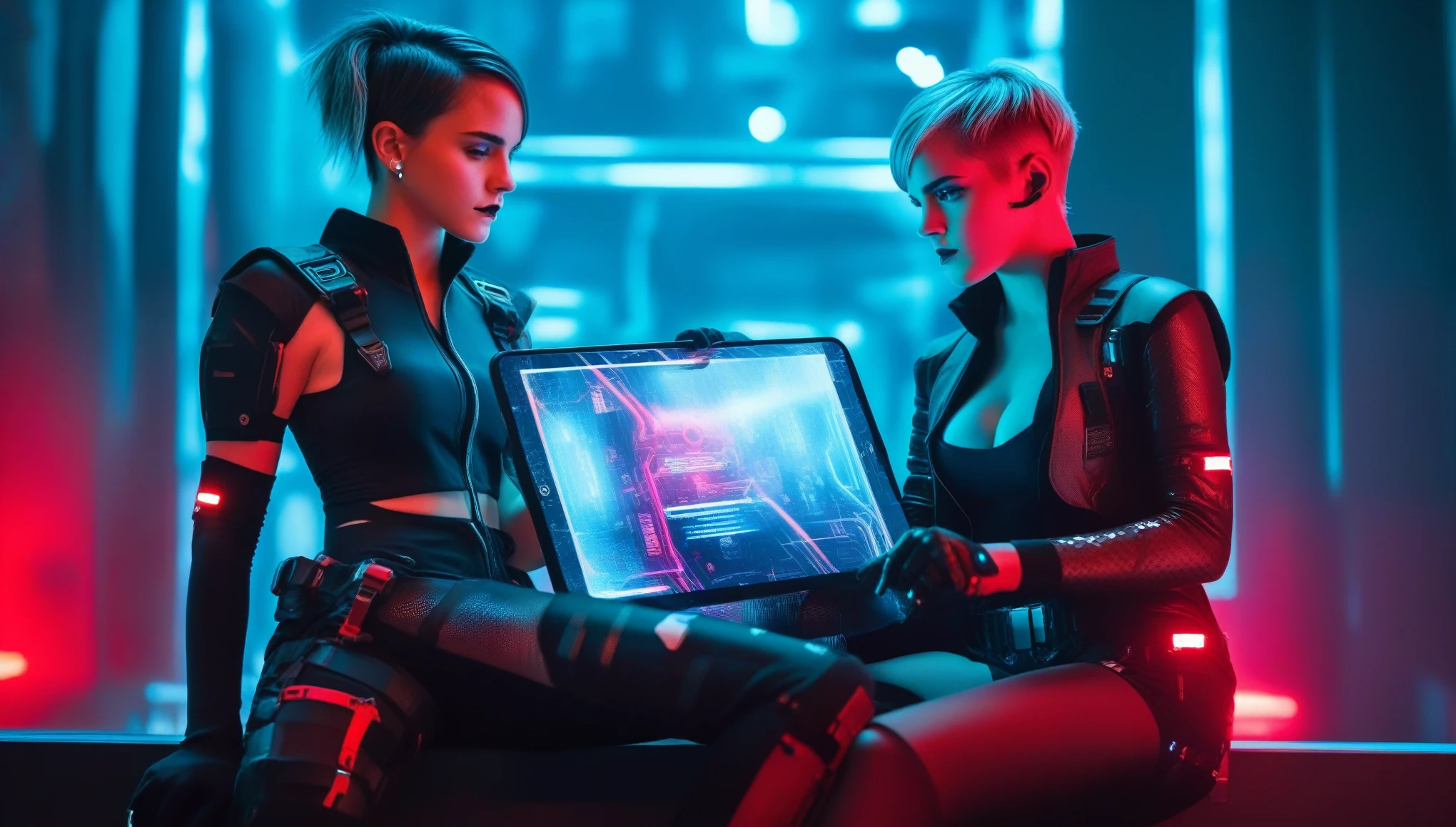 Two young female hackers sitting in a cyberpunk hackerspace with large windows in a cyberpunk metropolis facing the viewer, right arm resting on her waist, left arm held forward holding a transparent smart tablet, short silverwhite undercut haircut, immaculate skin, thoughtful look on her face, sweat on her skin, full lips, small breasts, legs crossed, fullbody black and red skintight cyberpunk underarmor with intricate hexagon pattern, synthetic utility vest with attached wearable computer, black leather utility belt with multimeter and some probes attached, thigh high black latex boots, cutoff gloves, no makeup, natural fingernails, emma watson, edgFut_clothing, neons, electric circuits