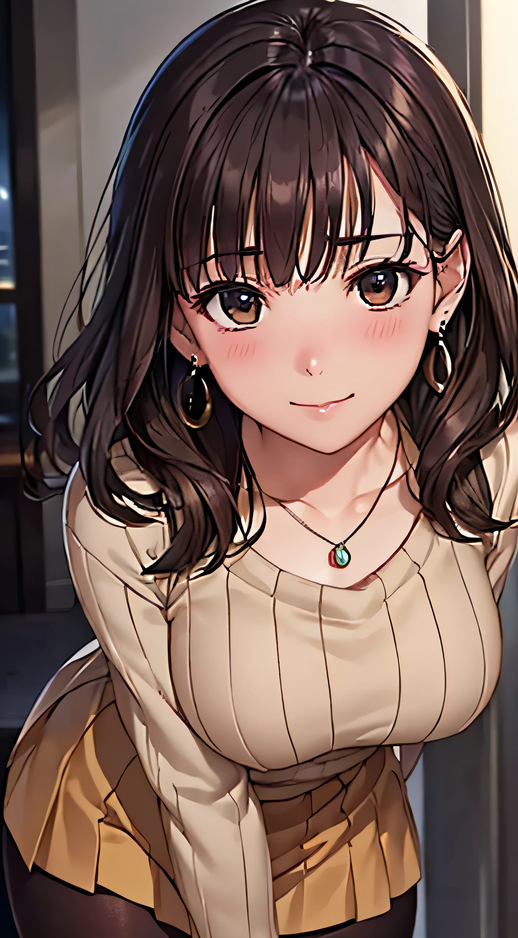(Tabletop, highest quality, High resolution, , Perfect Pixel, 4K,), 1 girl, single, alone, Beautiful woman、I could see the whole body、 ((Wavy mid-length hair, bangs, Brown Hair)), ((Brown eyes, Beautiful eyelashes, Realistic eyes)), ((Detailed face, blush:1.2)), ((Smooth texture:0.75, Realistic texture:0.65, Realistic:1.1, Anime CG Style)), Medium Chest, Dynamic Angle, Perfect body, female teacher、((, Beige turtleneck sweater、Flared long skirt、Black Stockings、Cute Necklace、Earrings、)), look up、A shy smile、look back、Leaning forward、)、Angle from below、、、