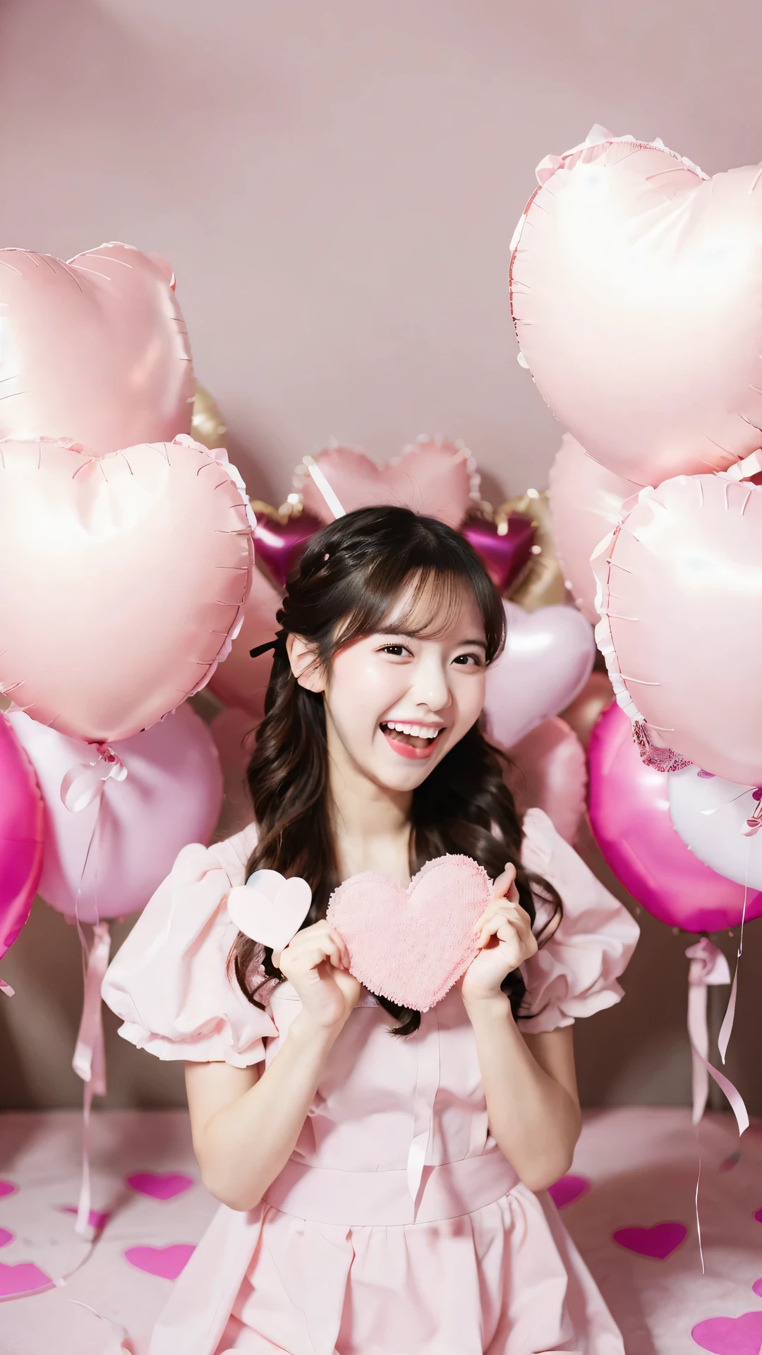 (Raw photo, highest quality), (8K, highest quality, masterpiece: 1.2), Super detailed, super resolution, a girl, (huge Laughing:1.1), Cute pink background, Heart-shaped balloons, Lots of hearts