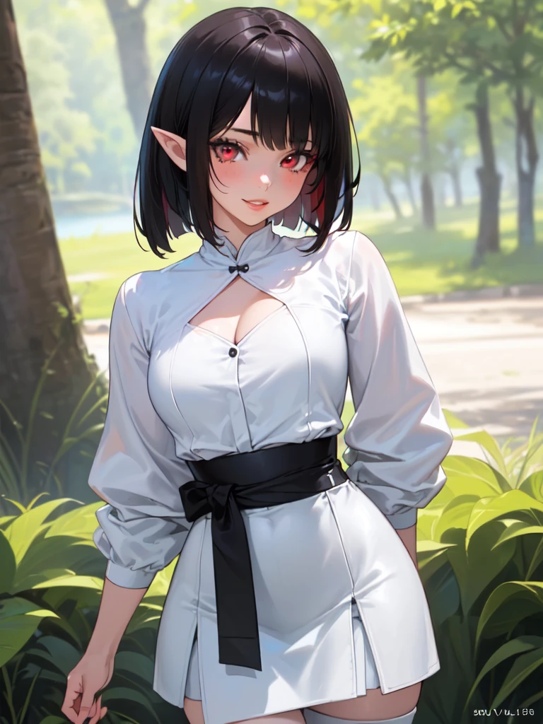 SFW (masterpiece, best quality, 32k) a teenage girl with medium black hair ((stark black hair, dark black hair, bangs, straight hair, bob, inverted bob, stylish bob)), ((pink eyes, ruby eyes, red eyes, brown eyes, bright eyes, beautiful eyes, detailed eyes, finely detailed eyes, highly detailed eyes)), ((youthful face, beautiful face, cute face, sexy face)), ((dark eyeshadow, dark eyeliner, full lips, small pointy ears)), ((pale skin:1.5, white skin, porcelain skin, smooth skin, soft skin)), standing, leaning over, outside, outdoors, forest, lake, ((Fantasy clothes)) ((white leather shirt, white tight shirt, white leather skirt, white tight skirt, white knee boots)), cleavage, ((huge breasts:1.7, round breasts:1.3, perky breasts:1.3)), ((slim:1.5, lithe:1.5, slender:1.5, thin:1.5, svelte:1.5, busty:1.2, buxom:1.2, supermodel body:1.2, fit body:1.2)), ((round hips, thin waist, waspish waist, slim waist)), ((long legs, slender legs)), small smile ((full lips)), calm expression, content expression, serene expression, happy expression, open eyes, large eyes, expressive eyes, head-to-waist portrait, cinematics, color oil painting, cinematic lighting, ((extremely detailed face)), ((finely detailed face)), Extremely detailed eyes, finely detailed eyes, beautiful face, beautiful eyes, perfect lighting, depth of field, (realistic proportions), (good anatomy), ((solo:1.6)), ((1girl:1.6))