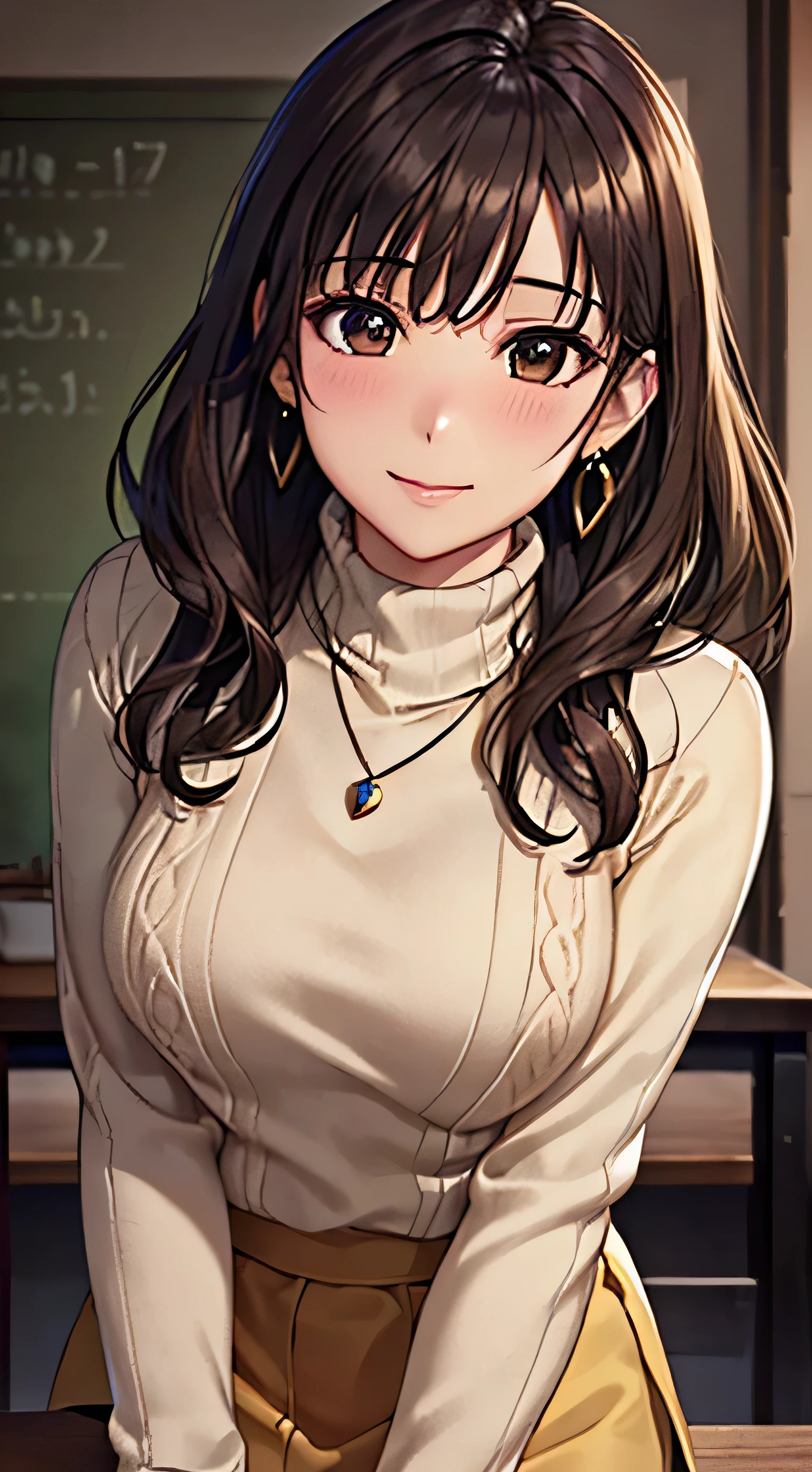 (Tabletop, highest quality, High resolution, , Perfect Pixel, 4K,), 1 girl, single, alone, Beautiful woman、I could see the whole body、 ((Wavy mid-length hair, bangs, Brown Hair)), ((Brown eyes, Beautiful eyelashes, Realistic eyes)), ((Detailed face, blush:1.2)), ((Smooth texture:0.75, Realistic texture:0.65, Realistic:1.1, Anime CG Style)), Medium Chest, Dynamic Angle, Perfect body, female teacher、((, Beige turtleneck sweater、Flared long skirt、Black Stockings、Cute Necklace、Earrings、)), look up、A shy smile、look back、Leaning forward、)、Angle from below、、、