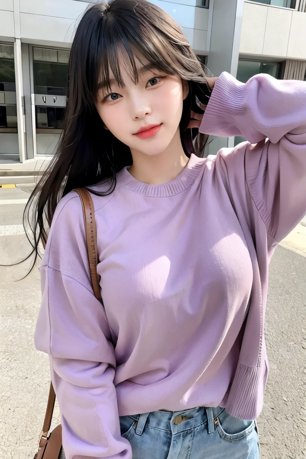 Korean Beauty、With bangs、Blonde、Purple casual outfit、