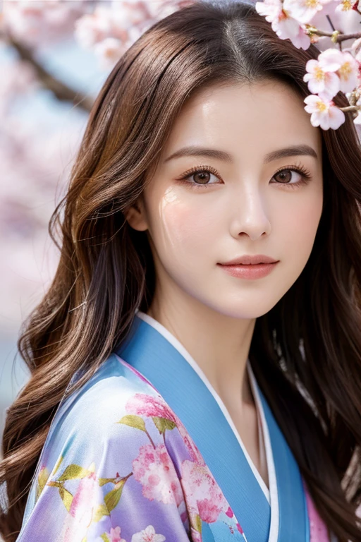 highest quality，High resolution，masterpiece：1.3），Tall and beautiful woman，frontage，Loosely wavy dark brown hair，kimono,　kimono，The background is cherry blossom trees，Beautifully expresses the fine details of the face and skin texture，Attractive eyes，double eyelid