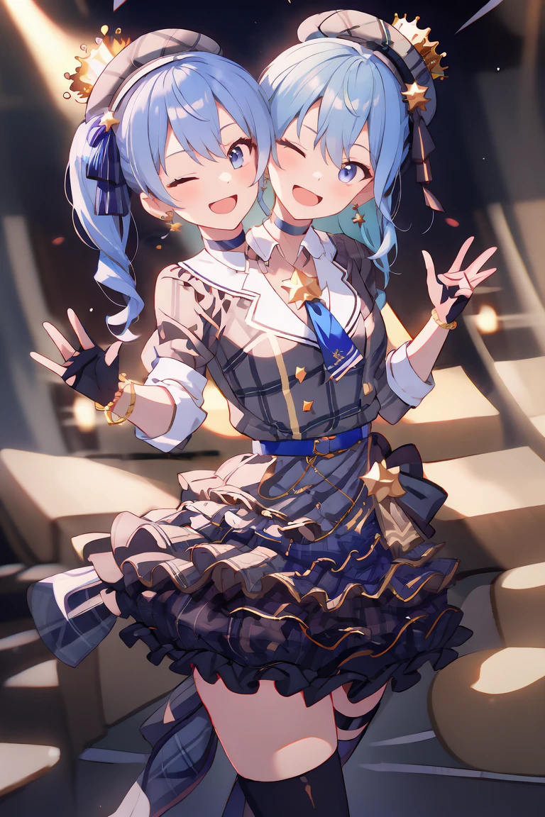 (masterpiece, best quality), best resolution, (2heads:1.5), dynamic angle, 1girl, HoshimachiSuisei, side ponytail, blue hair ribbon, SuiseiBase, plaid beret, crown, blue star choker, star earrings, blue ascot, plaid jacket, plaid skirt, layered skirt, partially fingerless gloves, star bracelet, uneven legwear, thigh strap, standing, waving hands, smile, open mouth, singing, look at viewer, happy, excited, open arms, dancing, one eye closed, concert stage, starfield, spotlight