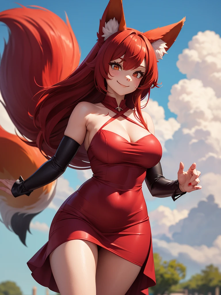 score_9,score_8_up,score_7_up, (fox monster old_girl), furry_skin, fox_ears, fox_tail, red hair, serene smile, big breasts, silk dress, crossed_dress, front view, strong wind, perfect face, perfect hands,