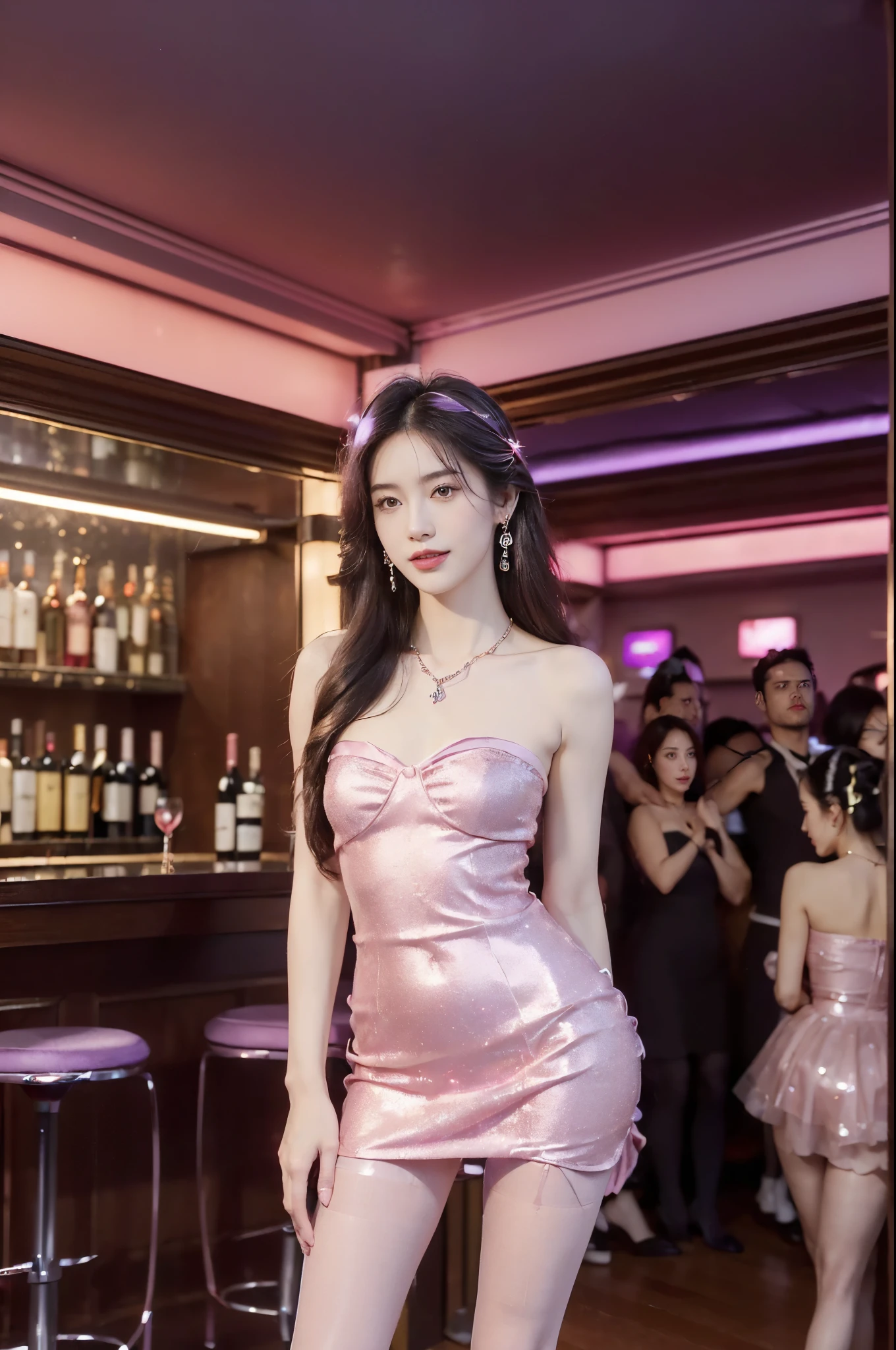 ((((8k))),((Extremely meticulous CG)) ,(wallpaper),16k,((Extremely refined and beautiful)),(((Masterpiece))),(((best qualtiy))),(((Ultra High Resolution))),beautiful light up,realistic shaded,(Smooth and flawless fair skin:1.5),(pale skin:1.3),(Extremely exquisite facial details:1.3),(perfect body:1.1),(ultra-detailed:1.2),((A beautiful girl,solo)),(small head:1.2),(earrings:1.2),(crystal necklace:1.2),(medium straight hair:1.2),(small face:1.2),(happy:1.2),(laughing:1.2),(small breasts:1.2),(flat chests:1.2),((slim,thin)),(strapless pink-purple sparkled dress:1.5),(slender legs:1.2),(pantyhose:1.5),(high heels:1.3),(night scene:1.5),(indoor:1.2),(dim light:1.3),(pink neon lights:1.3),(In a bar:1.3),(Cyberpunk style:1.3),(many wine bottles in the wine cabinet:1.3),(goblet:1.2),(detailed background:1.5),(standing:1.3),(arms behind back:1.3),(fulll body:1.3),(from front:1.3),(lively festive atmosphere:1.3),(surrounded by crowded crowds:1.5)