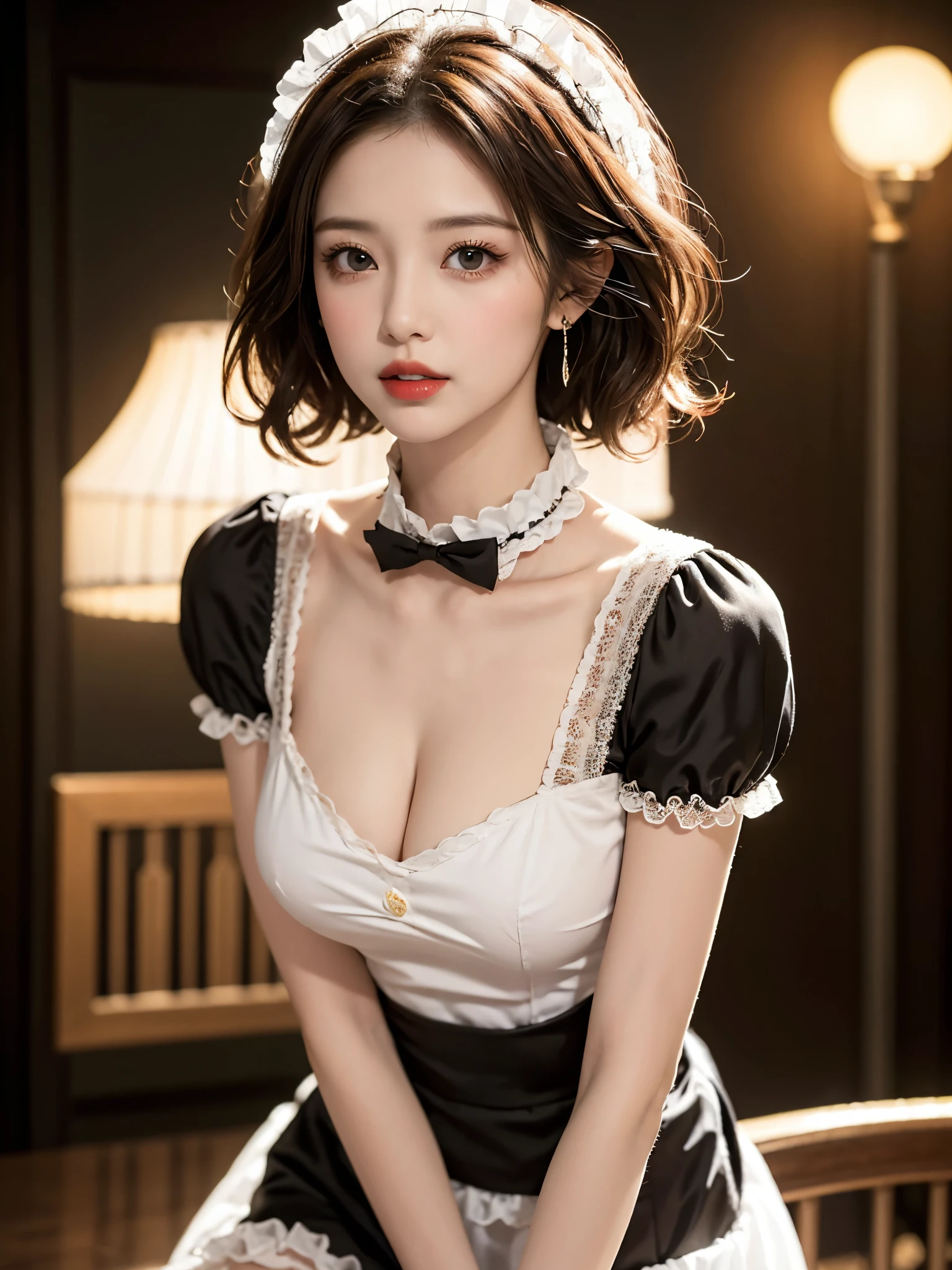 Special clothes39,maid, fashi-girl, red lips, female, makeup, leaning forward, (Surrealistic + pure), exquisite beautiful eyes, HD quality, Dynamic tilt, Flare effect, realistic details, Official art, Masterpiece, Unity 8k wallpaper, beautiful masterpiece, Top quality, Radiant skin, cinematic lighting, sweet and cute, long brown hair, curly hair, warm tones, high color saturation