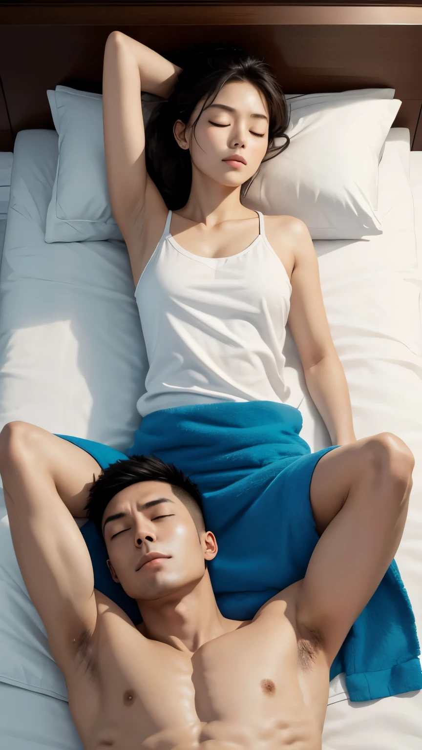 1 man and 1 woman lying flat on the bed,Show your shoulders,With eyes closed,Calm expression,Covered with a towel,Lie flat on your back on the bed,High top view,Full body image