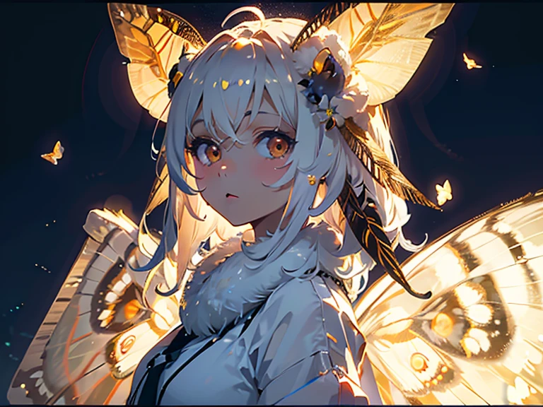 solo,1female\(cute,kawaii,,skin color white,short white hair,(big moth wing hair:1.7),white dress\(beautiful race\),(2moth antennaes at hair:1.8),[moth wing on back:2.0],[moth wing on body:2.0],[moth wings:2.0],[extra arm],moth wing is only at hair,breast,dynamic pose\),background\(dark night,beautiful moon,beautiful stars,((beautiful street lights))\), BREAK ,quality\(8k,wallpaper of extremely detailed CG unit, ​masterpiece,hight resolution,top-quality,top-quality real texture skin,hyper realisitic,increase the resolution,RAW photos,best qualtiy,highly detailed,the wallpaper,cinematic lighting,ray trace,golden ratio,\),dynamic angle,close up