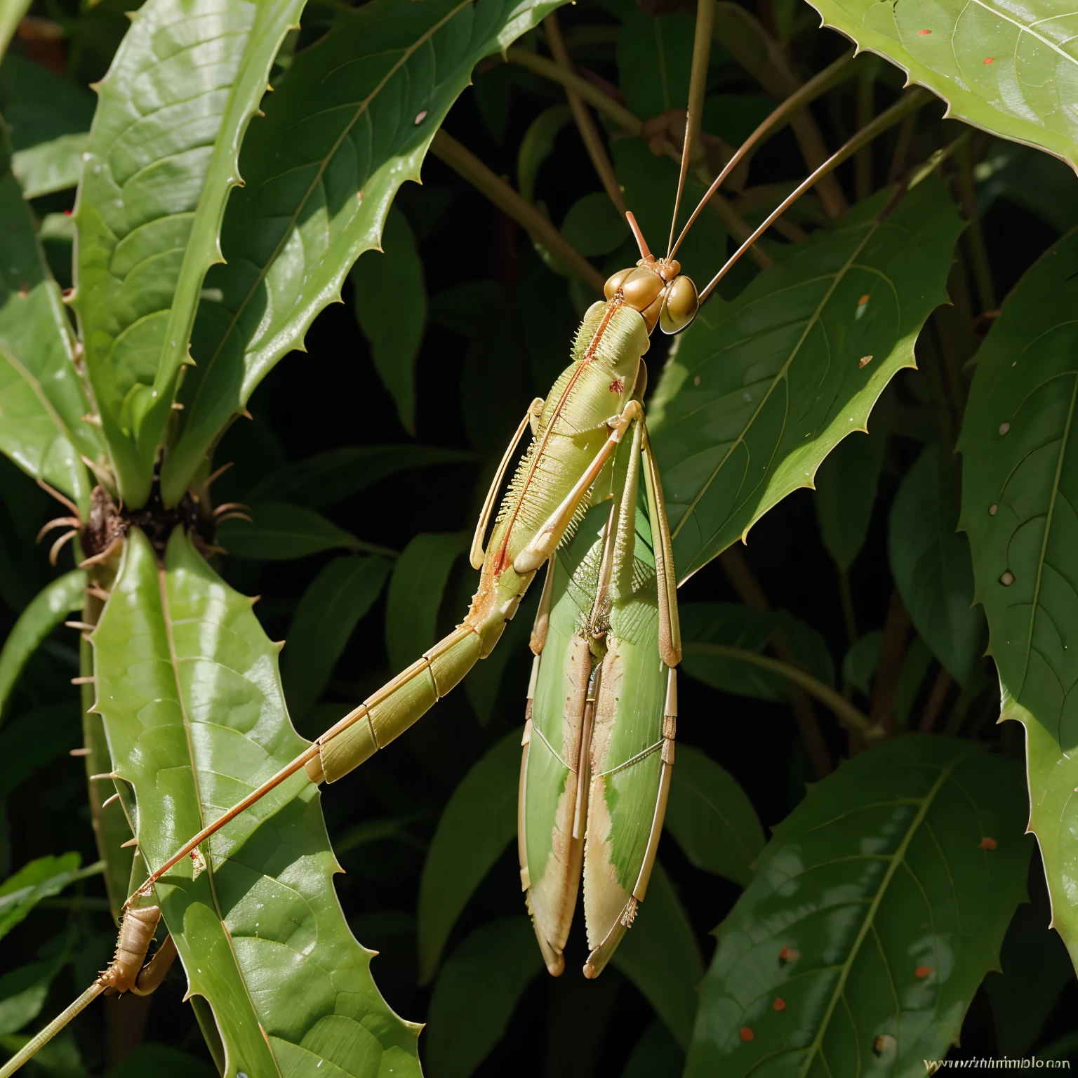 Praying mantis close up on passion fruit bush leaf and with its flower in full swing and the cigarfly flying around 