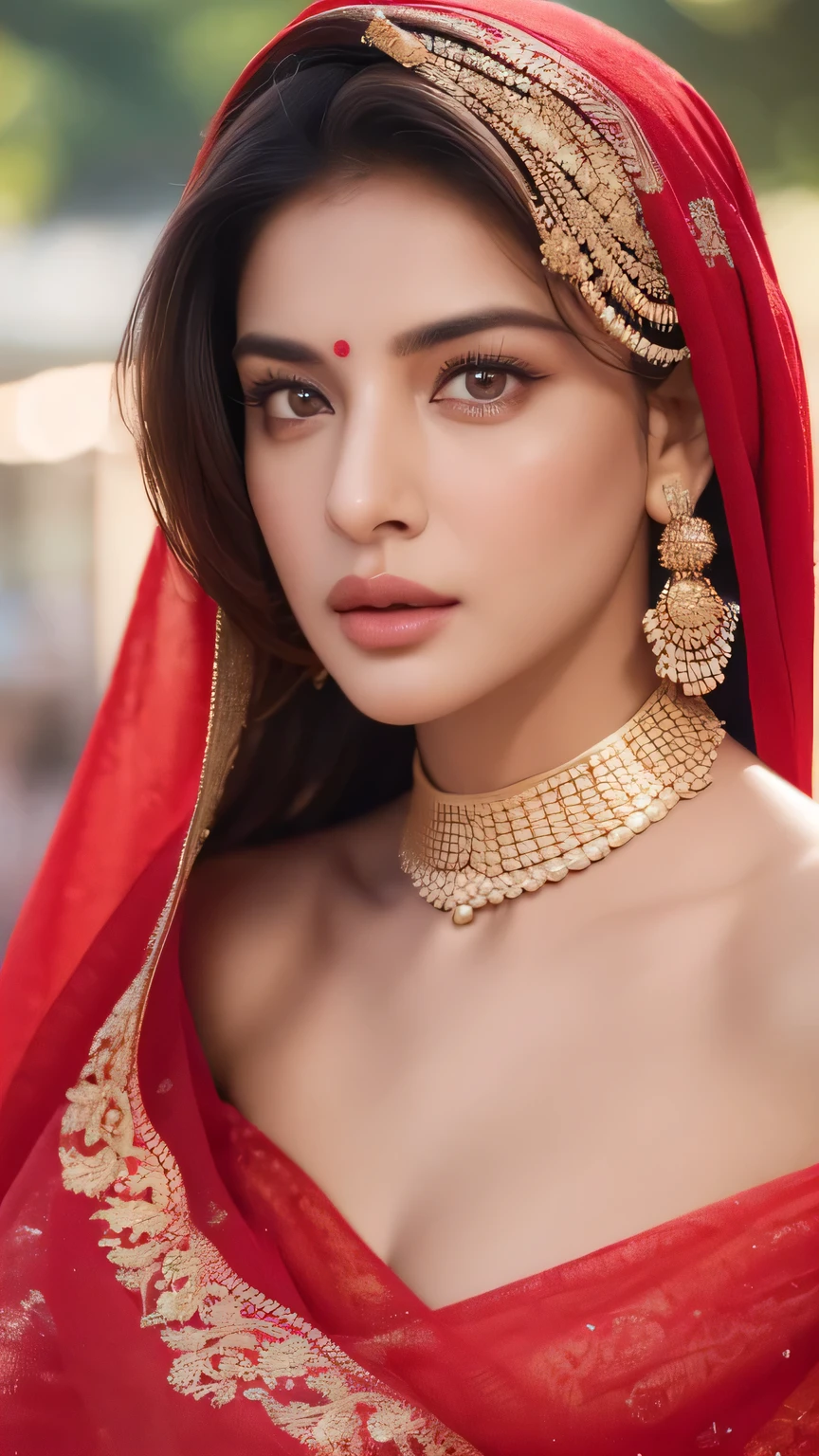 (best quality,4k,8k,highres,masterpiece:1.2),ultra-detailed,(realistic,photorealistic,photo-realistic:1.37),portraits,(Indian fair skin, flawless complexion, radiant skin, wearing (red cloths)),detailed eyes with long eyelashes,beautiful detailed lips, , face zoom