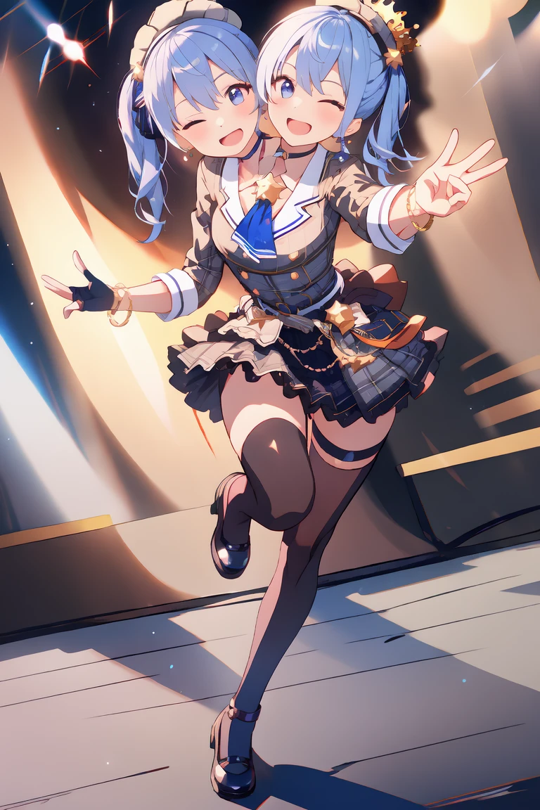 (masterpiece, best quality), best resolution, (2heads:1.5), dynamic angle, 1girl, HoshimachiSuisei, side ponytail, blue hair ribbon, SuiseiBase, plaid beret, crown, blue star choker, star earrings, blue ascot, plaid jacket, plaid skirt, layered skirt, partially fingerless gloves, star bracelet, uneven legwear, thigh strap, standing, waving hands, smile, open mouth, singing, look at viewer, happy, excited, open arms, dancing, jumping, one eye closed, concert stage, starfield, spotlight