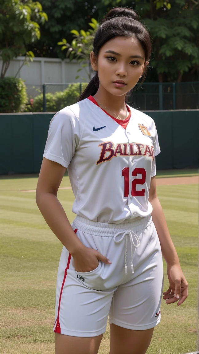 Gorgeous woman, twenty five years old, Indonesian, she is an athlete, wearing white base-ball jersey/outfit, updo, outdoor base-ball yard
