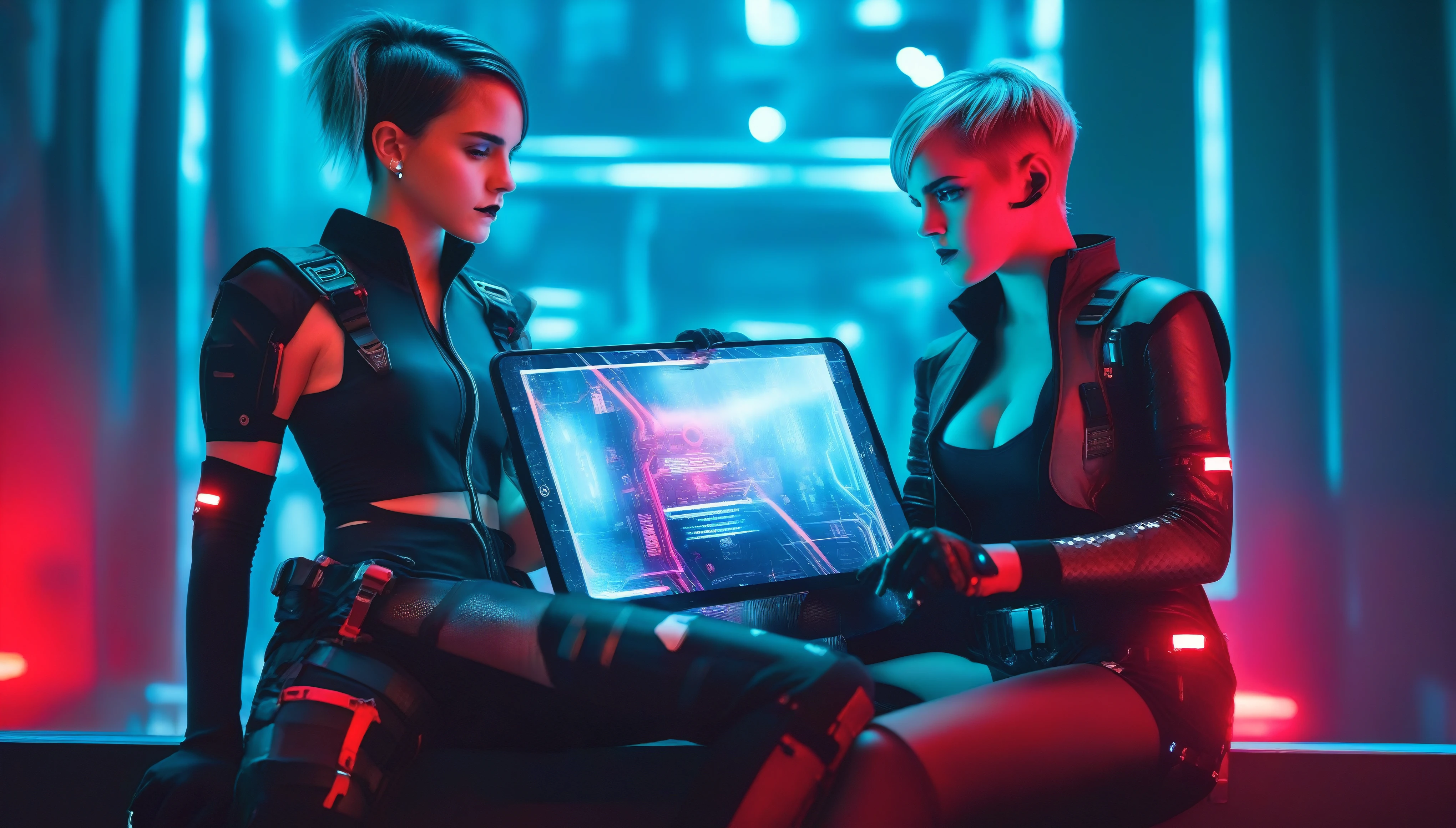 Two young female hackers sitting in a cyberpunk hackerspace with large windows in a cyberpunk metropolis facing the viewer, right arm resting on her waist, left arm held forward holding a transparent smart tablet, short silverwhite undercut haircut, immaculate skin, thoughtful look on her face, sweat on her skin, full lips, small breasts, legs crossed, fullbody black and red skintight cyberpunk underarmor with intricate hexagon pattern, synthetic utility vest with attached wearable computer, black leather utility belt with multimeter and some probes attached, thigh high black latex boots, cutoff gloves, no makeup, natural fingernails, emma watson, edgFut_clothing, neons, electric circuits