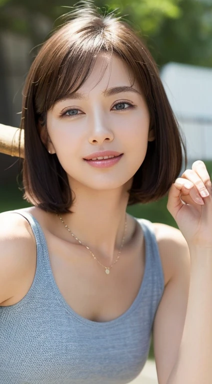 ((highest quality、masterpiece:1.3))、Sharpening Focus:1.2、(Real Stick、Photorealistic:1.37)、Perfect beautiful woman、Highly detailed face and skin texture、Fine eyes and double eyelids、A small smile、Short Hair、Small Bust、Small Necklace、Light colored tank top、You can see your chest by leaning forward、