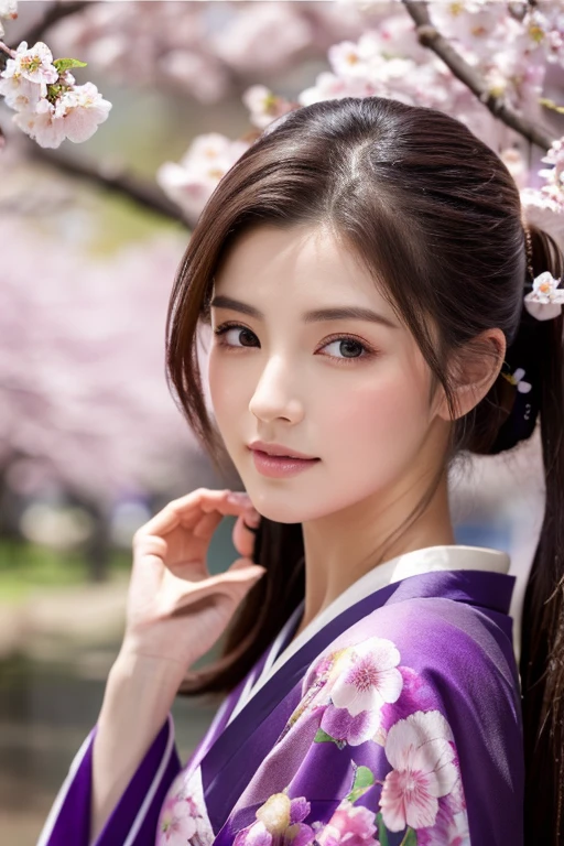 highest quality,High resolution,masterpiece:1.3),Tall and beautiful woman,frontage,Dark brown hair with hair up,kimono, Purple Yuzen、kimono,The background is cherry blossom trees,Beautifully expresses the fine details of the face and skin texture,Attractive eyes,double eyelid
