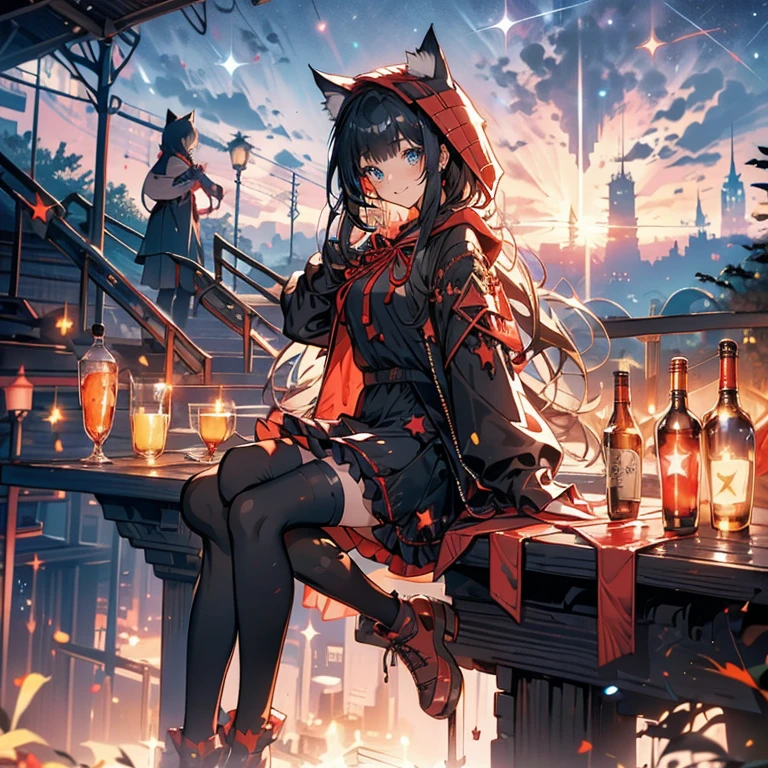 cute ruffle dress, Fine frills, ribbon, cat ears hooded cape, red hood, put the hood over your head, horizontal striped overknee socks, platform boots, Lunch basket, naughty smile, detailed face and eyes, masterpiece, highest quality, Super detailed, starry sky, night view, sunset,brown hair.(Mossy buildings),(collapsed cityscape),