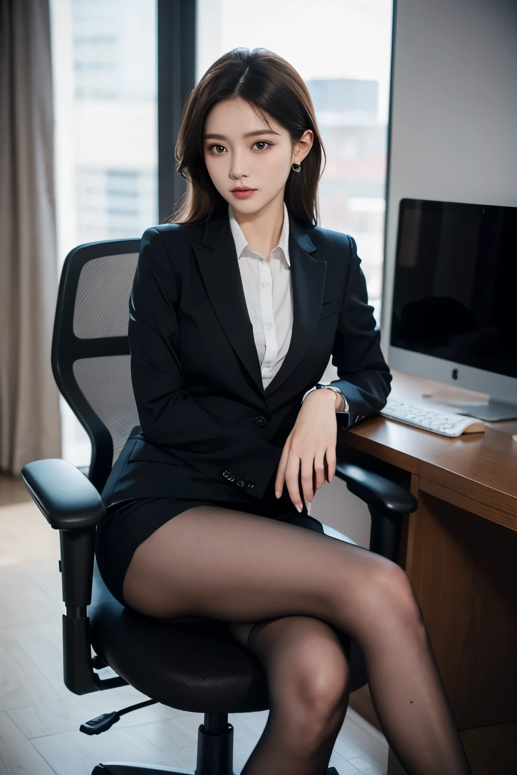 (Masterpiece), ((Best quality)), (Masterpiece,Best quality,offcial art,Extremely detailed Cg Unity 8K wallpaper), , Beauty photo, A lady，solo,Elegant upper-class elite secretary in a business shirt,Perfect look，Double eyelid eyes，Delicate makeup， working in an office,wearing a strict business suit, Wear pantyhose,Wear high-end heels,Girl in shirt, dressed in a suit, huge tit,full bodyesbian,dressed in a suit, dressed in a suit, merchant, Business clothes, wearing black suits, Wear a shirt and skirt, Woman in a suit, Business attire，Computer chair，Seated，Erlang legs，high-heels，view the viewer，brightly，Complicated details，foot focus,from below,