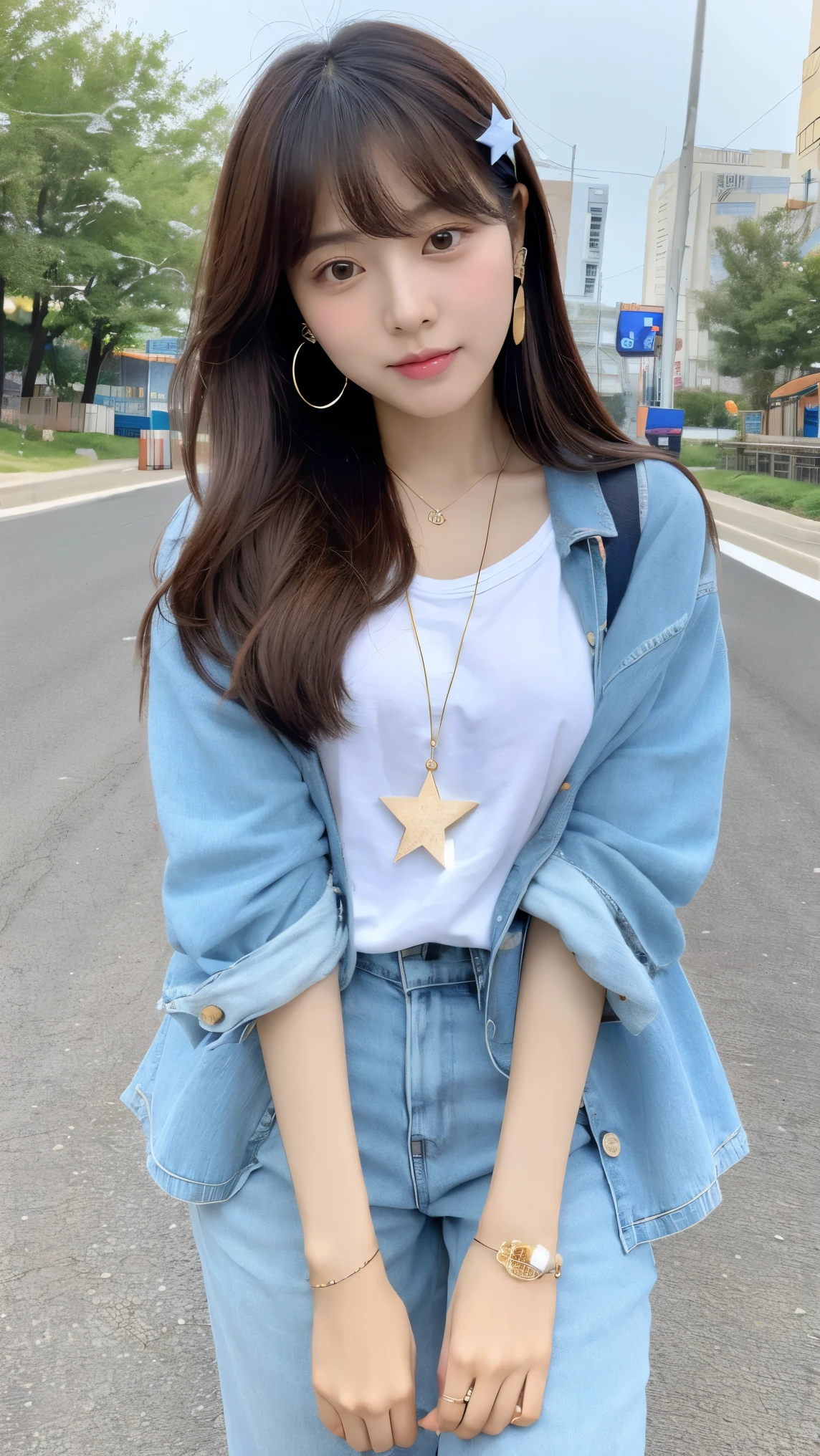 Korean beauty wearing star accessories、With bangs、Light blue casual outfit