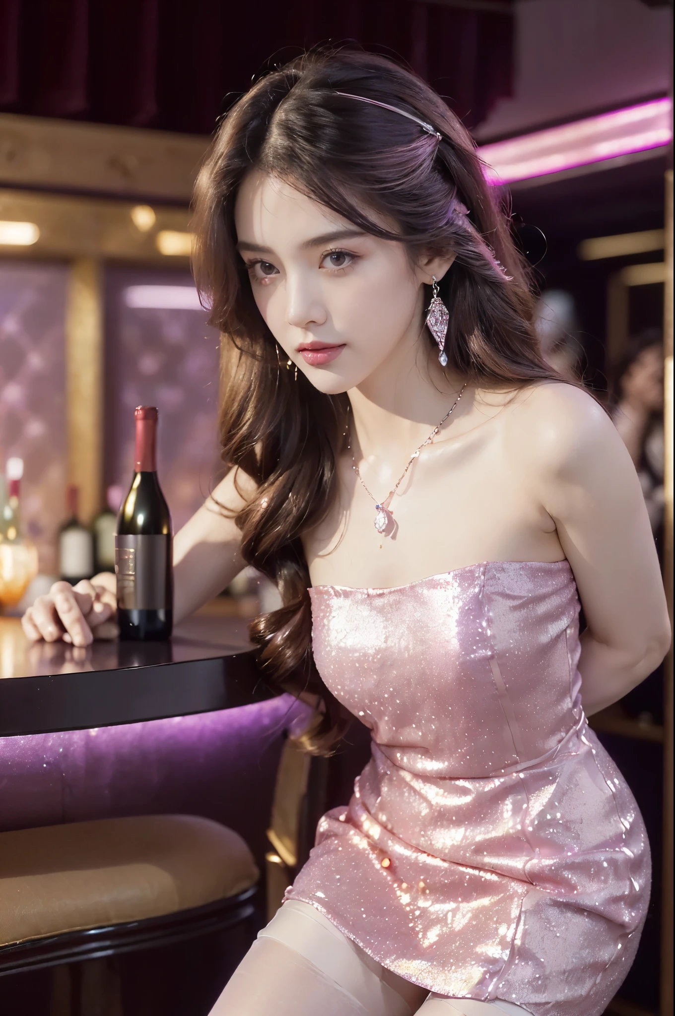 ((((8k))),((Extremely meticulous CG)) ,(wallpaper),16k,((Extremely refined and beautiful)),(((Masterpiece))),(((best qualtiy))),(((Ultra High Resolution))),beautiful light up,realistic shaded,(Smooth and flawless fair skin:1.5),(pale skin:1.3),(Extremely exquisite facial details:1.3),(perfect body:1.1),(ultra-detailed:1.2),((A beautiful girl,solo)),(small head:1.2),(earrings:1.2),(crystal necklace:1.2),(medium straight hair:1.2),(small face:1.2),(happy:1.2),(laughing:1.2),(small breasts:1.2),(flat chests:1.2),((slim,thin)),(strapless pink-purple sparkled dress:1.5),(slender legs:1.2),(pantyhose:1.5),(high heels:1.3),(night scene:1.5),(indoor:1.2),(dim light:1.3),(pink neon lights:1.3),(In a bar:1.3),(Cyberpunk style:1.3),(many wine bottles in the wine cabinet:1.3),(goblet:1.2),(detailed background:1.5),(standing:1.3),(arms behind back:1.3),(fulll body:1.3),(from front:1.3),(lively festive atmosphere:1.3),(surrounded by crowded crowds:1.5)