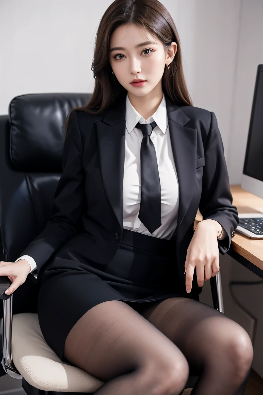 (Masterpiece), ((Best quality)), (Masterpiece,Best quality,offcial art,Extremely detailed Cg Unity 8K wallpaper), , Beauty photo, A lady,solo,Elegant upper-class elite secretary in a business shirt,Perfect look,Double eyelid eyes,Delicate makeup, working in an office,wearing a strict business suit, Wear pantyhose,Wear high-end heels,Girl in shirt, dressed in a suit, huge tit,full bodyesbian,dressed in a suit, dressed in a suit, merchant, Business clothes, wearing black suits, Wear a shirt and skirt, Woman in a suit, Business attire,Computer chair,Seated,Erlang legs,high-heels,view the viewer,brightly,Complicated details,foot focus,from below,