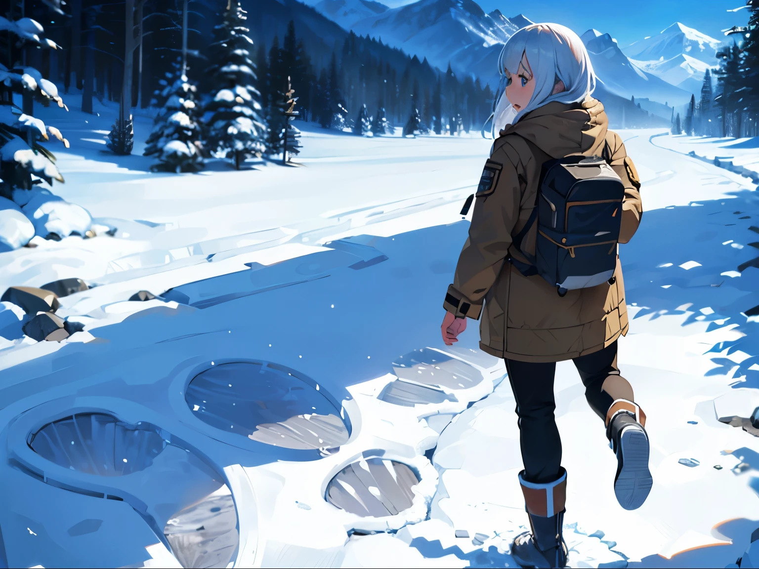 masterpiece, best quality, extremely detailed, anime, girl, explorer,cold weather gear, surprised expressions, snowy mountains, ((huge footprints,gigantic footprints))