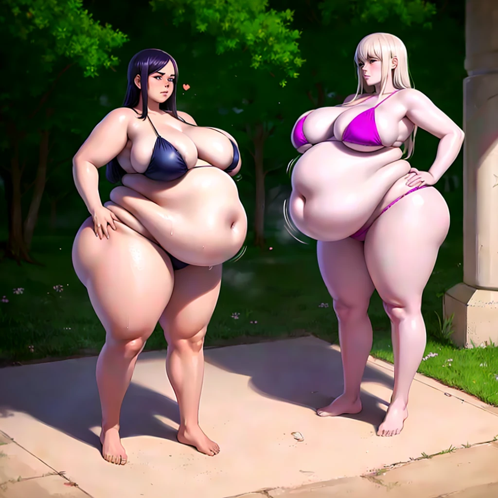 A young woman in a bikini, massive bloated overstuffed heavy protruding bulging obese round belly, hyper massive obese tall wide round heart shaped bubble butt, wide fat hips, massive fat round breasts, deep long cleavage, so full it hurts, gurgling belly, sloshing belly, distended belly, churning belly, it hurts being so full but it feel so good, squishy belly, bellies squished together, squished together, shes upset her friend isnt as fat as her, shes making her obese, wide stance, struggling to stand, deep navel, juicy fat ass,