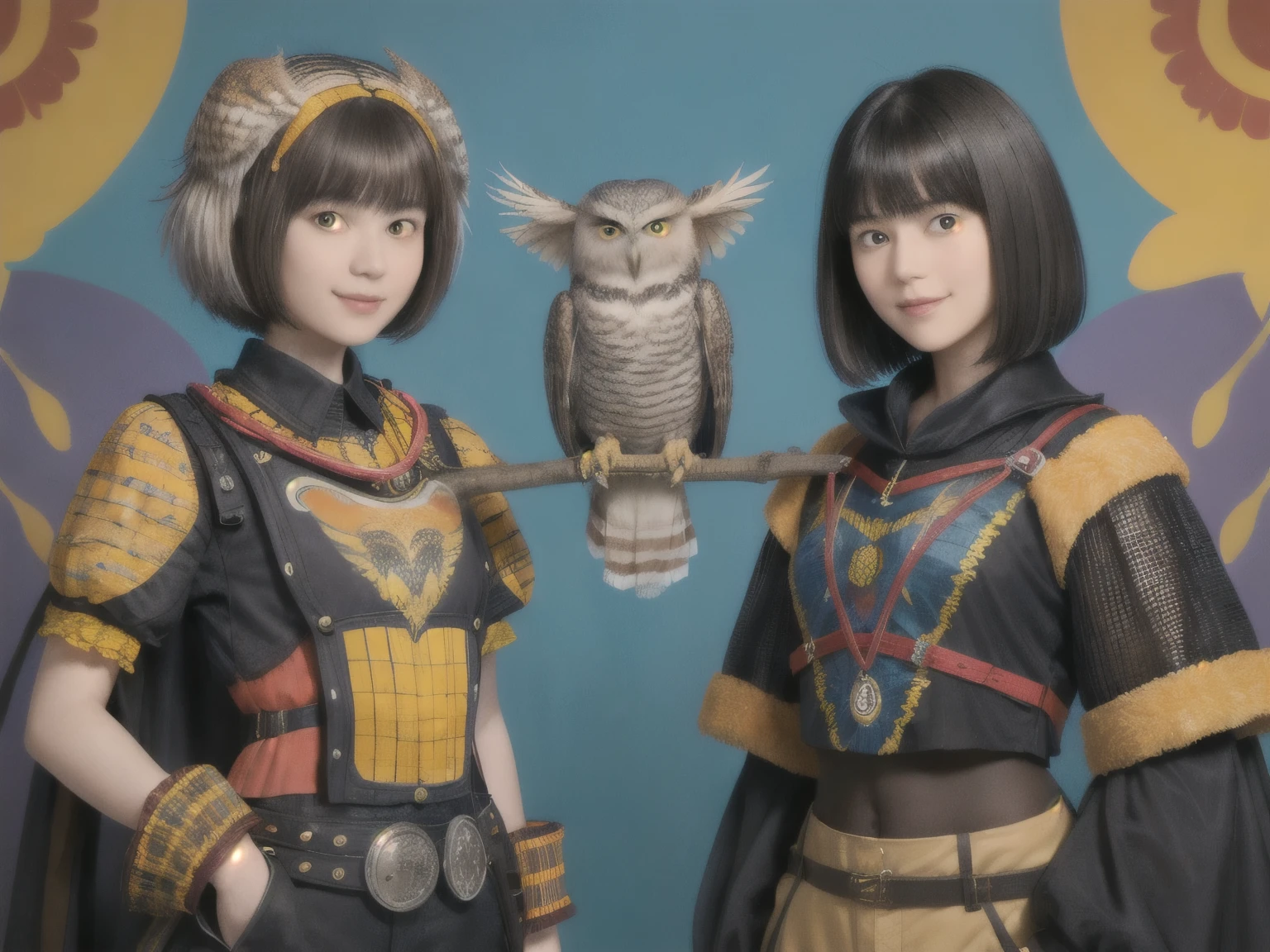 224 Short Hair, 20-year-old woman, A kind smile, (There are also colorful owls), (Rembrandt-style painting), ((machinery suit,Clothes with short sleeves)),I can see your abs