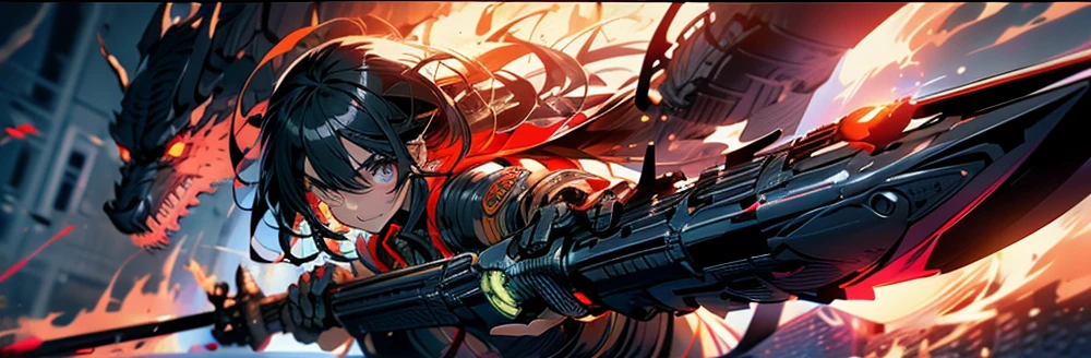 1lady,solo,cool,beauty,gallant,red eyes,hold a rifle