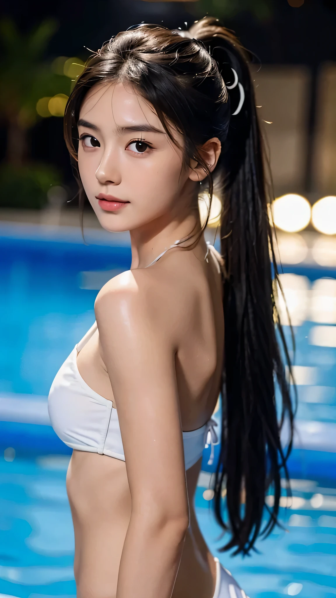 Pool at night,bikini swimwear,One woman,fully body photo,masutepiece, The highest image quality, High quality, the background is clear，Beautiful woman, Japanese, Detailed, Detailed eyes, Detailed skin, Beautiful skin, 超hight resolution, (reality: 1.4),Very beautiful woman, Slightly younger face, Beautiful skin, slender, (Ultra photo realsisim), (hight resolution), (8K), (Very detailed) (beautifully detailed eyes), (super detailed),   (Detailed face), view the viewer, Fine details, Detailed face, Staring straight ahead, Staring straight ahead, photos realistic, Bright lighting, Professional Lighting, Black hair,poneyTail,a ,sixteen ye: ponytail,Long ponytail hairstyle,slight smile,