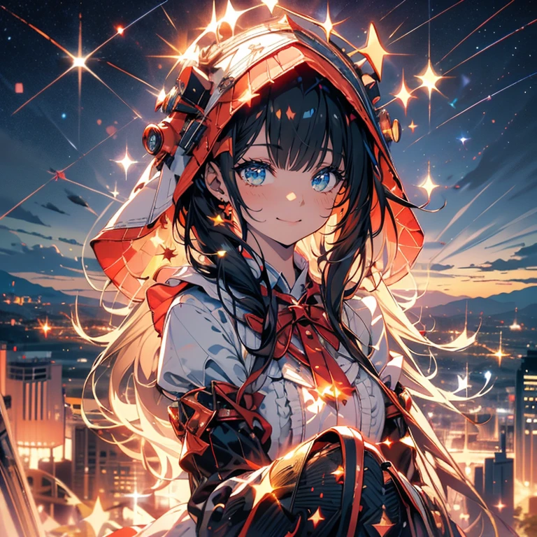 cute ruffle dress, Fine frills, ribbon, cat ears hooded cape, red hood, put the hood over your head, horizontal striped overknee socks, platform boots, Lunch basket, naughty smile, detailed face and eyes, masterpiece, highest quality, Super detailed, starry sky, night view, sunset,brown hair.(Mossy buildings),(collapsed cityscape),