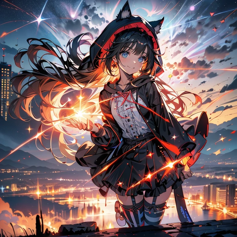 cute ruffle dress, Fine frills, ribbon, cat ears hooded cape, red hood, put the hood over your head, horizontal striped overknee socks, platform boots, Lunch basket, naughty smile, detailed face and eyes, masterpiece, highest quality, Super detailed, starry sky, night view, sunset,brown hair.(Mossy buildings),(collapsed cityscape),