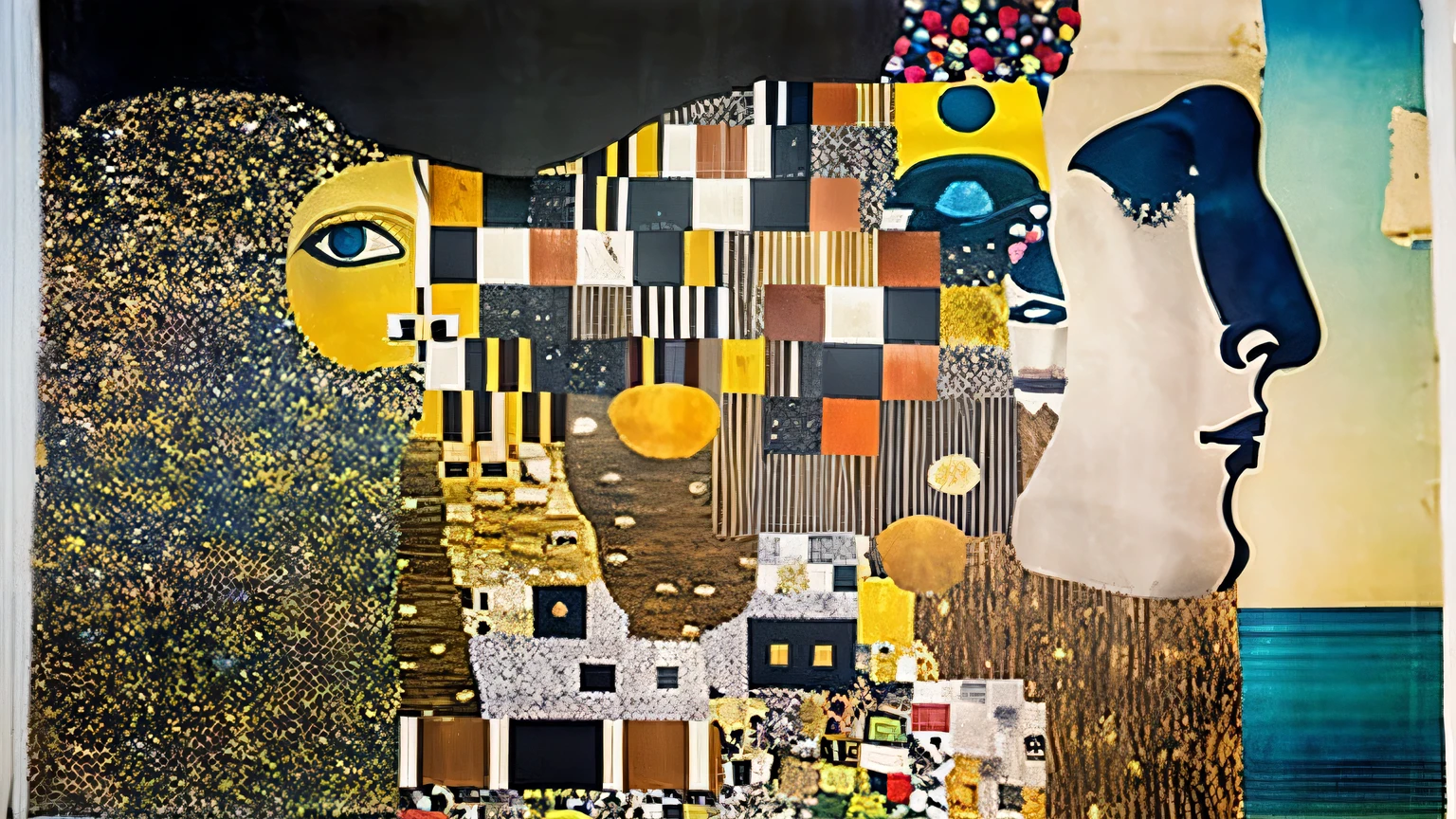 Surreal collage,Painful abstract face and body deformation,Growing into infinity on top of each other on a white flat surface filled with torn newspapers and magazine clippings, Retro Klimt style, Yes, it's style, Very detailed, Surreal, Studio Quality, 48k / HD, High contrast, Ultra-realistic shadows, Octane Rendering, Clear focus