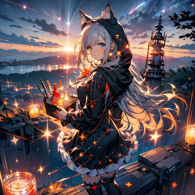 cute ruffle dress, Fine frills, ribbon, cat ears hooded cape, red hood, put the hood over your head, horizontal striped overknee socks, platform boots, Lunch basket, naughty smile, detailed face and eyes, masterpiece, highest quality, Super detailed, starry sky, night view, sunset,brown hair.(Mossy buildings),(collapsed cityscape),