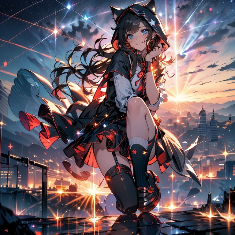 cute ruffle dress, Fine frills, ribbon, cat ears hooded cape, red hood, put the hood over your head, horizontal striped overknee socks, platform boots, Lunch basket, naughty smile, detailed face and eyes, masterpiece, highest quality, Super detailed, starry sky, night view, sunset,brown hair.(Mossy buildings),(collapsed cityscape),