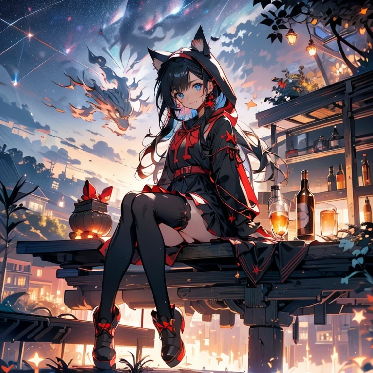 cute ruffle dress, Fine frills, ribbon, cat ears hooded cape, red hood, put the hood over your head, horizontal striped overknee socks, platform boots, Lunch basket, naughty smile, detailed face and eyes, masterpiece, highest quality, Super detailed, starry sky, night view, sunset,brown hair.(Mossy buildings),(collapsed cityscape),