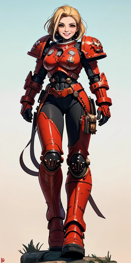 (masterpiece, best quality, 4k, 1girlsolo, 1MILF, mmplatz, smile, red cheeks, plain background:1.2), perfect face, perfect lighting, mature whsororitas with gloves red gauntlets in her hands like Cammy White from Street Fighter, bob white hair, warhammer 40k power armor suit, red eyes like rubies, full body armor, view from below, looking to the viewer