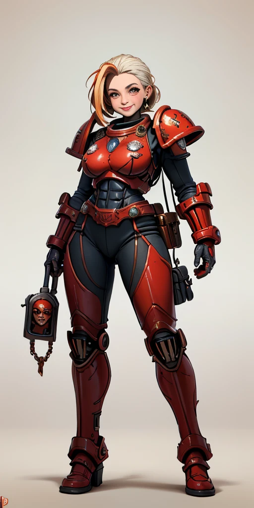 (masterpiece, best quality, 4k, 1girlsolo, 1MILF, mmplatz, smile, red cheeks, plain background:1.2), perfect face, perfect lighting, mature whsororitas with gloves red gauntlets in her hands like Cammy White from Street Fighter, bob white hair, warhammer 40k power armor suit, red eyes like rubies, full body armor, view from below, looking to the viewer