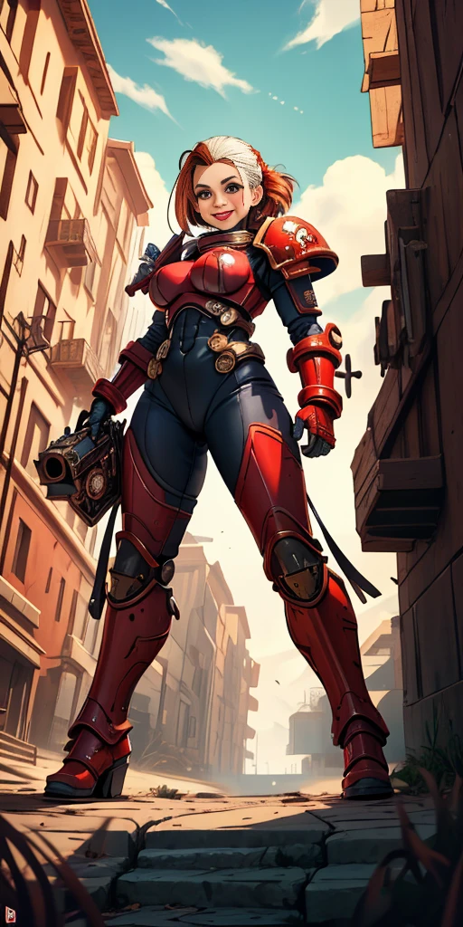 (masterpiece, best quality, 4k, 1girlsolo, 1MILF, mmplatz, smile, red cheeks, plain background:1.2), perfect face, perfect lighting, mature whsororitas with gloves red gauntlets in her hands like Cammy White from Street Fighter, bob white hair, warhammer 40k power armor suit, red eyes like rubies, full body armor, view from below, looking to the viewer