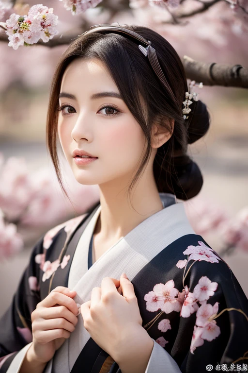 highest quality,High resolution,masterpiece:1.3),Tall and beautiful woman,frontage,Dark brown hair with a high hairstyle,kimono, Black Oshima Tsumugi, kimono,The background is cherry blossom trees,Beautifully expresses the fine details of the face and skin texture,Attractive eyes,double eyelid, A gorgeous woman