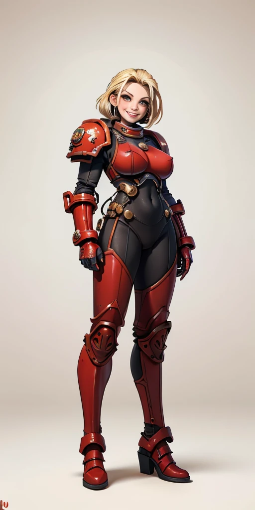 (masterpiece, best quality, 4k, 1girlsolo, 1MILF, mmplatz, smile, red cheeks, plain background:1.2), perfect face, perfect lighting, mature whsororitas with gloves red gauntlets in her hands like Cammy White from Street Fighter, bob white hair, warhammer 40k power armor suit, red eyes like rubies, full body armor, view from below, looking to the viewer