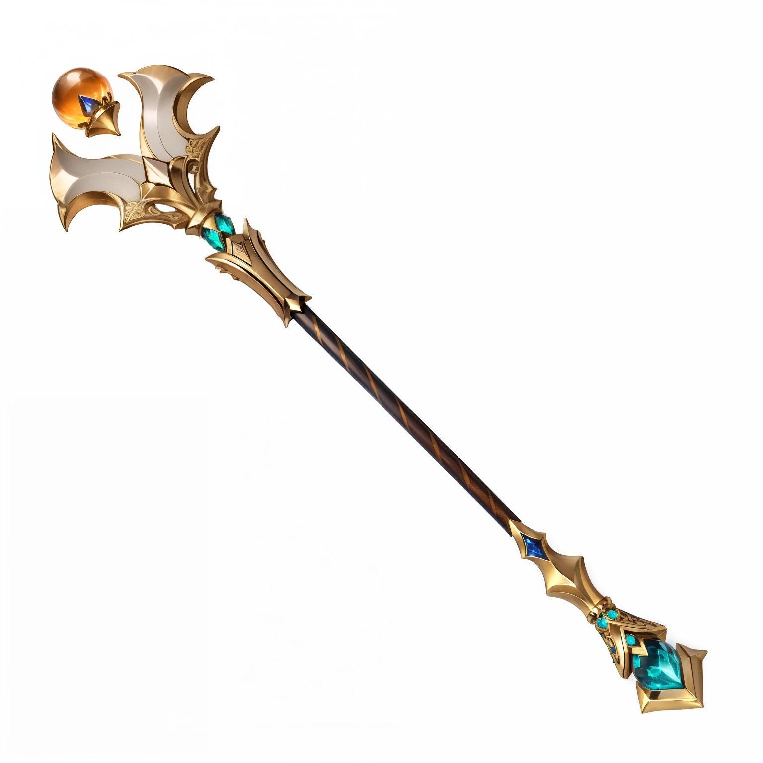 Metal wrapped orange crystal ball，The staff is inlaid with metal, blue crystal and orange gemstones, Dragon Staff, Scepter, Magic Wand，,华丽的Magic Wand, Medieval Staff，Shiny staff，Metallic luster，HD，4k