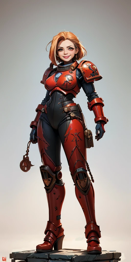 (masterpiece, best quality, 4k, 1girlsolo, 1MILF, mmplatz, smile, red cheeks, plain background:1.2), perfect face, perfect lighting, mature whsororitas with gloves red gauntlets in her hands like Cammy White from Street Fighter, bob white hair, warhammer 40k power armor suit, red eyes like rubies, full body armor, view from below, looking to the viewer