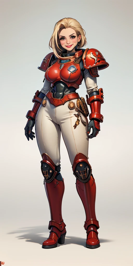 (masterpiece, best quality, 4k, 1girlsolo, 1MILF, mmplatz, smile, red cheeks, plain background:1.2), perfect face, perfect lighting, mature whsororitas with gloves red gauntlets in her hands like Cammy White from Street Fighter, bob white hair, warhammer 40k power armor suit, red eyes like rubies, full body armor, view from below, looking to the viewer