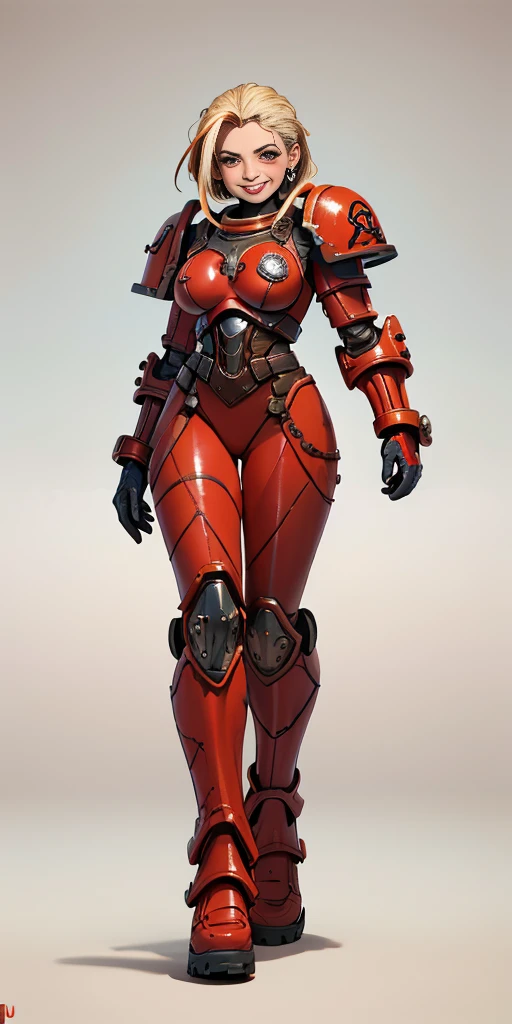 (masterpiece, best quality, 4k, 1girlsolo, 1MILF, mmplatz, smile, red cheeks, plain background:1.2), perfect face, perfect lighting, mature whsororitas with gloves red gauntlets in her hands like Cammy White from Street Fighter, bob white hair, warhammer 40k power armor suit, red eyes like rubies, full body armor, view from below, looking to the viewer