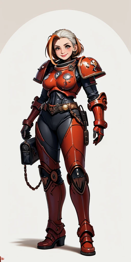 (masterpiece, best quality, 4k, 1girlsolo, 1MILF, mmplatz, smile, red cheeks, plain background:1.2), perfect face, perfect lighting, mature whsororitas with gloves red gauntlets in her hands like Cammy White from Street Fighter, bob white hair, warhammer 40k power armor suit, red eyes like rubies, full body armor, view from below, looking to the viewer
