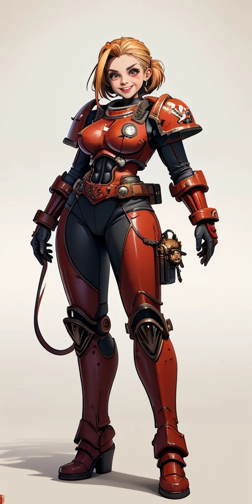 (masterpiece, best quality, 4k, 1girlsolo, 1MILF, mmplatz, smile, red cheeks, plain background:1.2), perfect face, perfect lighting, mature whsororitas with gloves red gauntlets in her hands like Cammy White from Street Fighter, bob white hair, warhammer 40k power armor suit, red eyes like rubies, full body armor, view from below, looking to the viewer