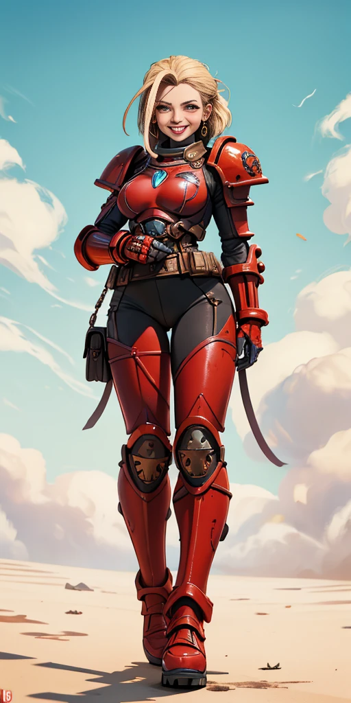 (masterpiece, best quality, 4k, 1girlsolo, 1MILF, mmplatz, smile, red cheeks, plain background:1.2), perfect face, perfect lighting, mature whsororitas with gloves red gauntlets in her hands like Cammy White from Street Fighter, bob white hair, warhammer 40k power armor suit, red eyes like rubies, full body armor, view from below, looking to the viewer