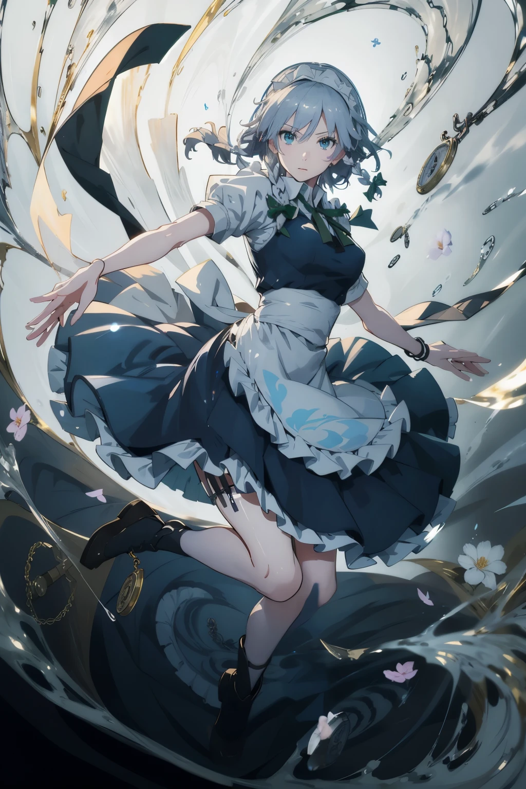 masterpiece, best quality, illustration, 1girl, solo, Izayoi Sakuya, (white short hair), maid headband, sharp eyes, (vivid color), light, thick smoke:1.6, (floating white ink:1.8), Cyan flame, (beautiful and clear background:1.25), (depth of field:0.7), Dreamlike, (highres:1.2), (ultra-detailed:1.2), (extremely detailed CG unity 8k wallpaper:1.2), (traditional media), (sketch:1.1), finely detailed beautiful eyes and detailed face, Knives, (flying petals:1.2), (silver pocket watch:1.2), Knifefight, dynamic colors, colorful, dynamic pose, dynamic angle, (full body:1.3), Touhou, knife, holding Knives, izayoi sakuya, medium breasts, (detailed eyes), cute, beauty, HDR, 4K, nier anime style, harmony, fighting stance, izayoi sakuya