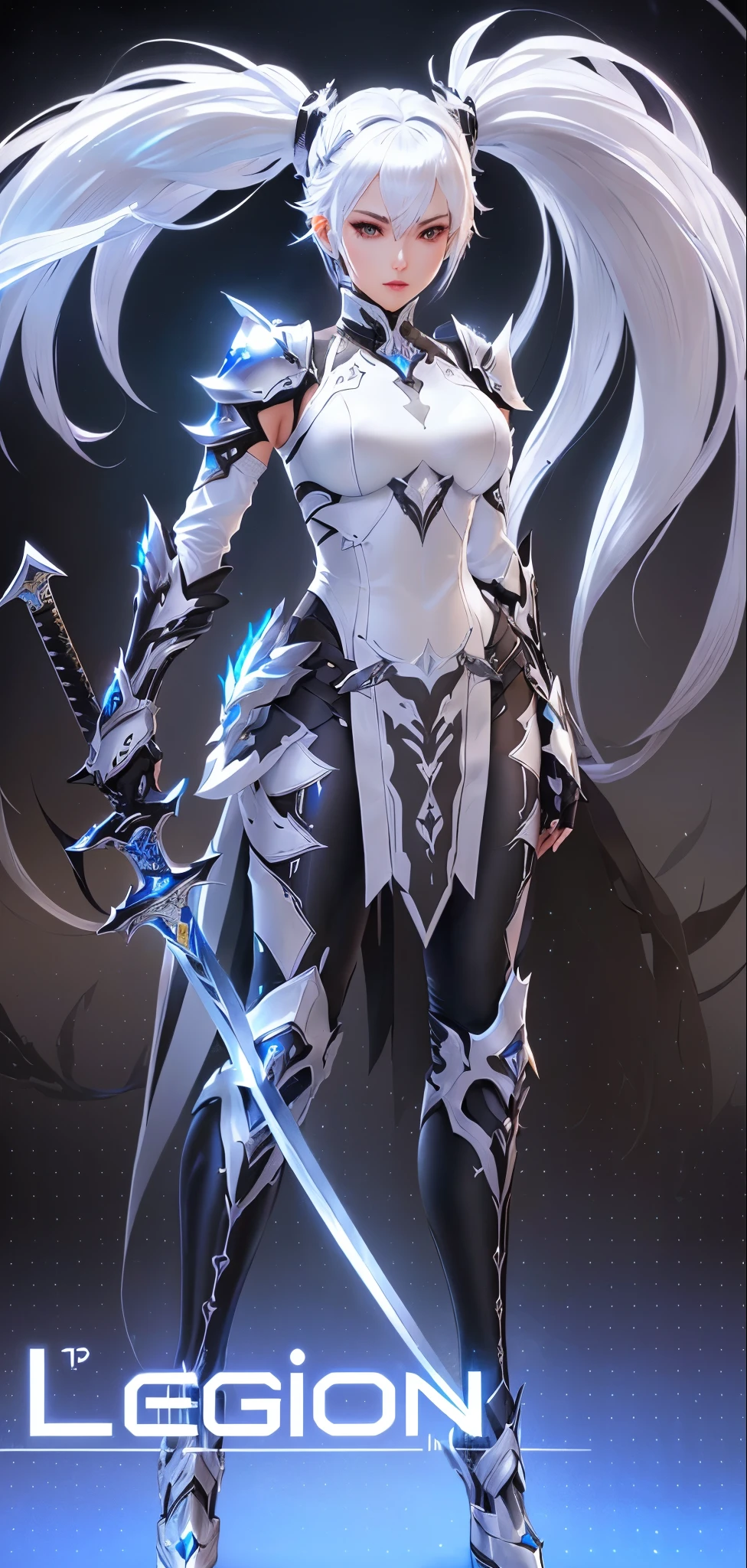 A woman in a white top and black pants holding a sword, Platinum Skin, Clear face,Katana Zero video game character, Lustrous white armor, Silver ice reflective armor, Sleek white plated armor, Game image, Lineage 2 Style, Wearing sleek silver armor, sharp silver armor fuchsia skin, I'm going, Inspired by cold plum, Pearlescent skin